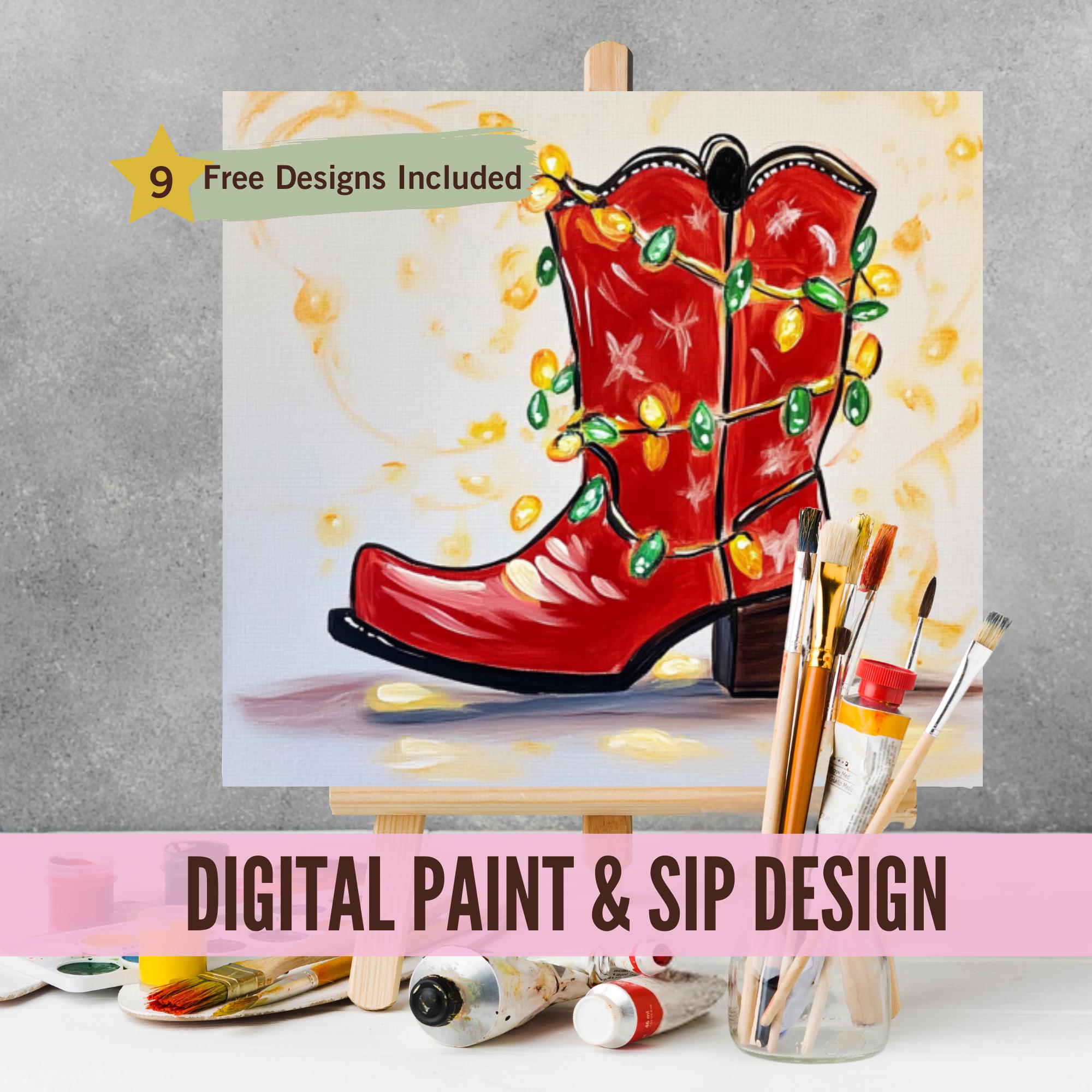 Holiday Cowgirl Boot Sip and Paint Party Kit Canvas, Pre Drawn Holiday Cowgirl Boot Sip and Paint Party Kit Canvas, Pre Drawn