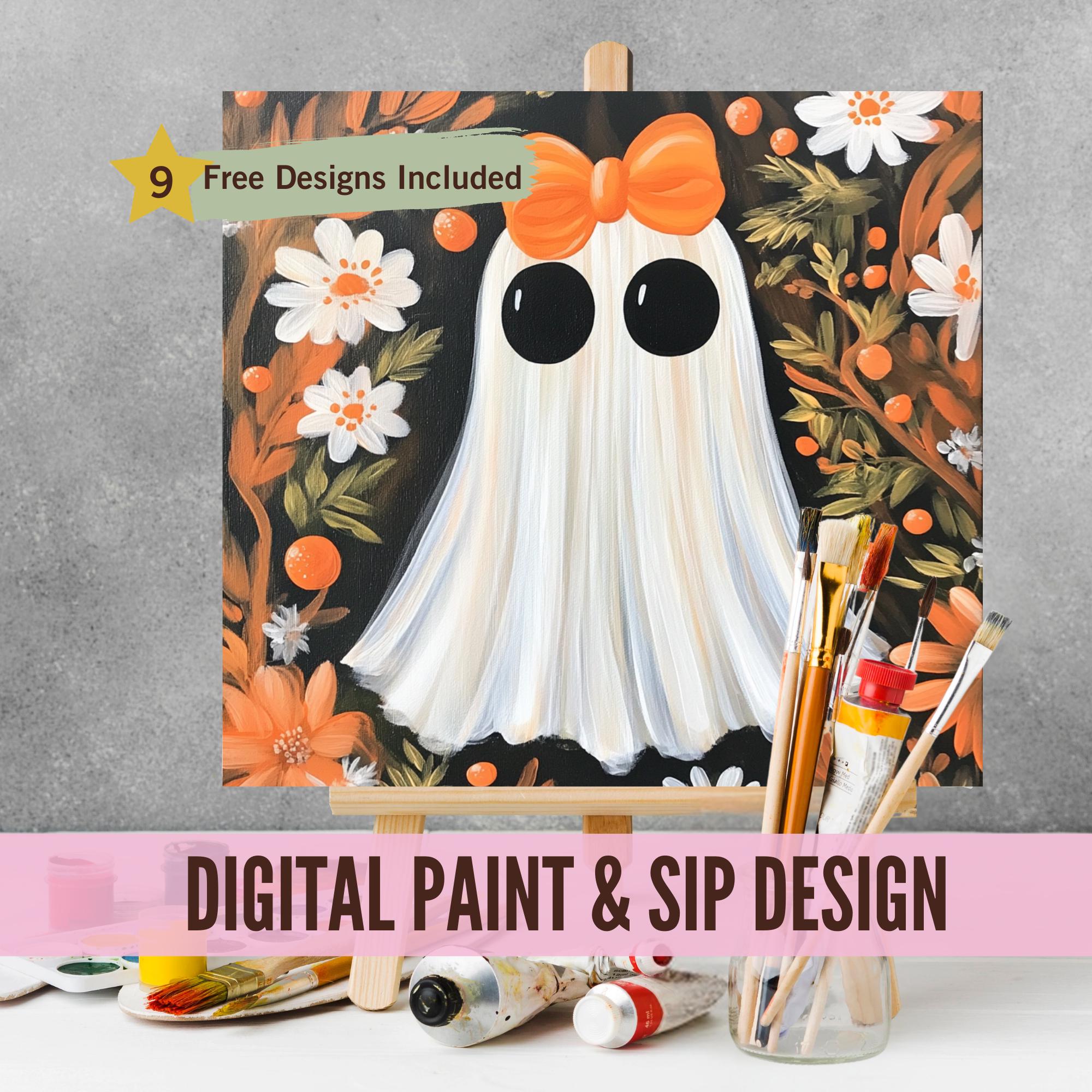 Autumn Fall Pumpkin Ghost Sip and Paint Party Kit Canvas, Pre Drawn ...