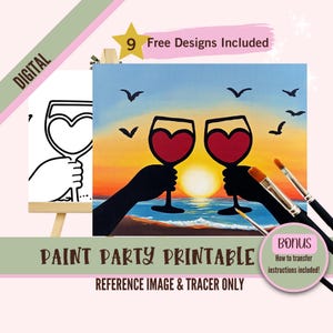 Cita para adultos para pintar y beber en el Día de San Valentín: plantillas de pintura sobre lienzo prediseñadas e imprimibles con pájaros enamorados: perfectas para parejas y fiestas