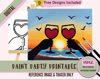 Valentines Day Adult Sip and Paint Date Night - Love Birds Printable Predrawn Paint On Canvas Templates - Perfect for Couples and Parties