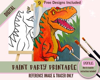 Dinosaurier Paint Party druckbar, Dinosaurier Malerei Vorlage, Kids' Paint Night, DIY Kunstaktivität, Geburtstagsparty Handwerk, Instant Download