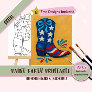 Festa de pintura artística de 4 de julho PNG, kit de estêncil de tela pré-desenhado faça você mesmo com botas de cowboy, perfeito para colorir, pintar e beber
