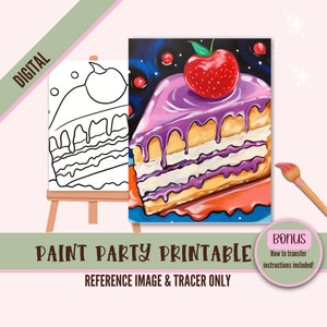 子供と大人のためのポップアートのあらかじめ描かれたキャンバスアートパーティー | 誕生日 DIY ペイントキット | PNG | 即時ダウンロード | DIY シップ アンド ペイント トレーサー | ケーキ