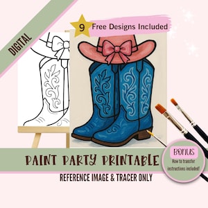 May include: A digital paint party printable featuring a pair of blue cowboy boots with pink cowboy hats on top. The printable includes a reference image and a tracer for painting.