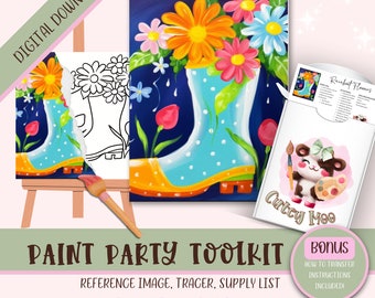 May include: A digital download paint party toolkit featuring a painting of a blue rain boot filled with colorful flowers. The toolkit includes a reference image, tracer, supply list, and step-by-step instructions.  The text "Rainbit Flowers" and "Cutey Moo" are visible in the image.