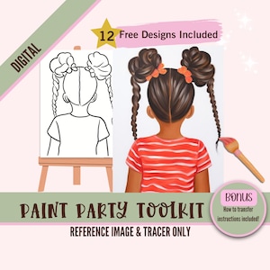 Black Girl With Braids Art Painting Party PNG, DIY Pre-Drawn Canvas Stencil Kit, Perfect for Black Girl Coloring and Paint and Sip Parties