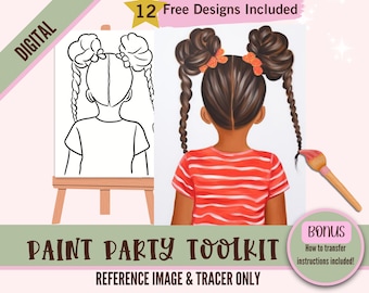 Black Girl With Braids Art Painting Party PNG, DIY Pre-Drawn Canvas Stencil Kit, Perfect for Black Girl Coloring and Paint and Sip Parties