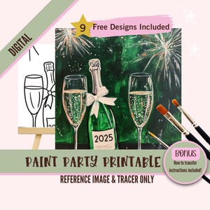 Oudejaarsavond 2025 afdrukbare verfparty - champagne en vuurwerk Tracer Art - Feestelijke verf en slokje DIY-decor - Celebration Art png-kit