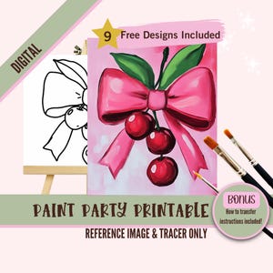 Cerezas Sip and Paint Party Kit Canvas, Plantilla predibujada para fiestas de arte, Plantilla imprimible, Esquema png de la noche de pintura, Descarga digital