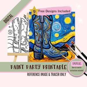 Sternenklare Nacht Cowboy Boot Paint Party druckbare, vorgezeichnete Leinwand für Erwachsene, Farb- und Sip Kit, DIY Digital Download Art-Projekt
