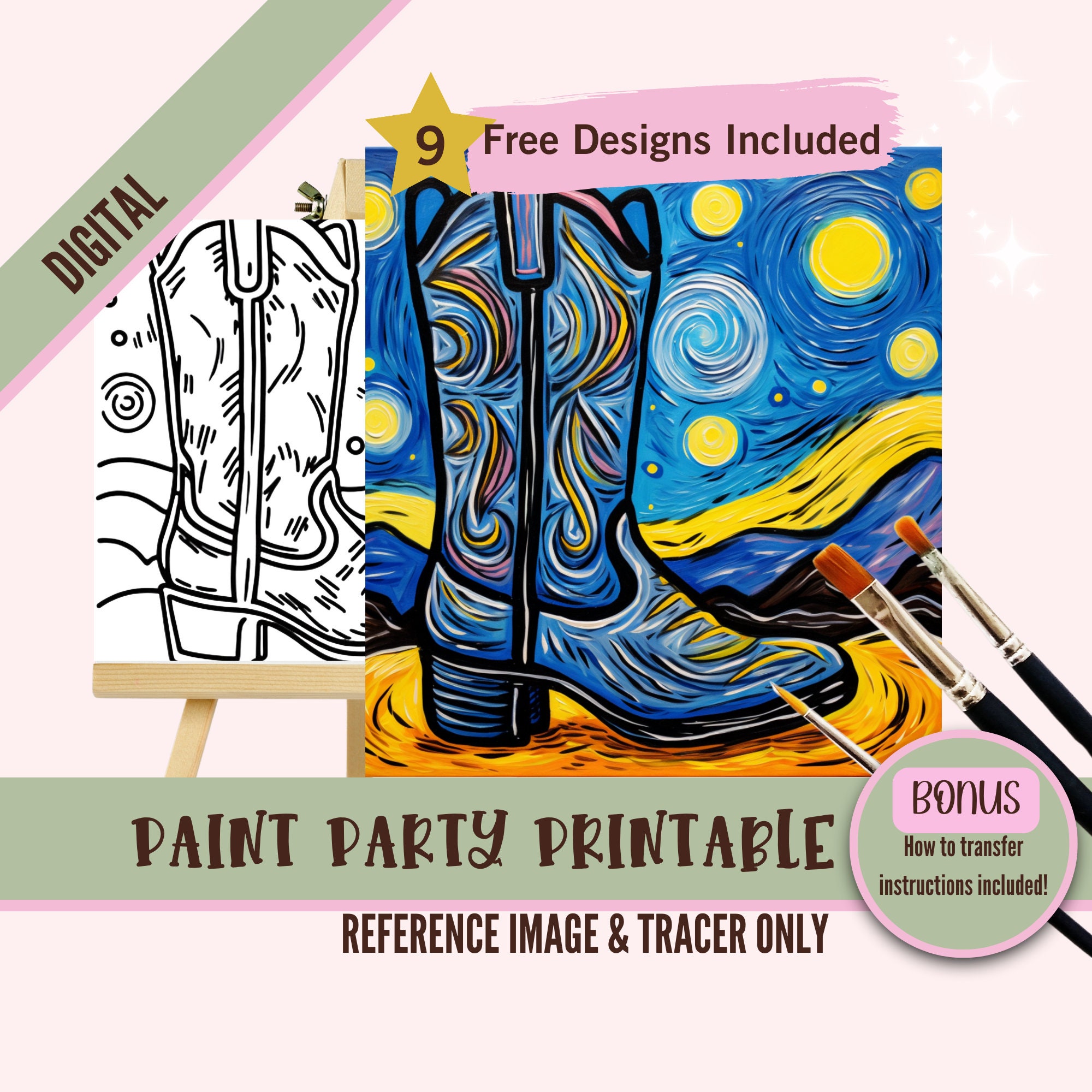 Starry Night Cowboy Boot Paint Party Printable, Pre Drawn Canvas