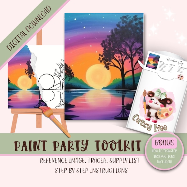 Diy Adult Paint Party Printable Images Kit, Sip and Paint Predrawn Png Stencil Design Download Instructions,  Paint On Canvas Outline,