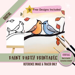 Kit de pintura de pareja Love Birds / Lienzo predibujado para cita nocturna / Pintura DIY y fiesta de sorbos / Plantilla imprimible de arte romántico, archivo digital