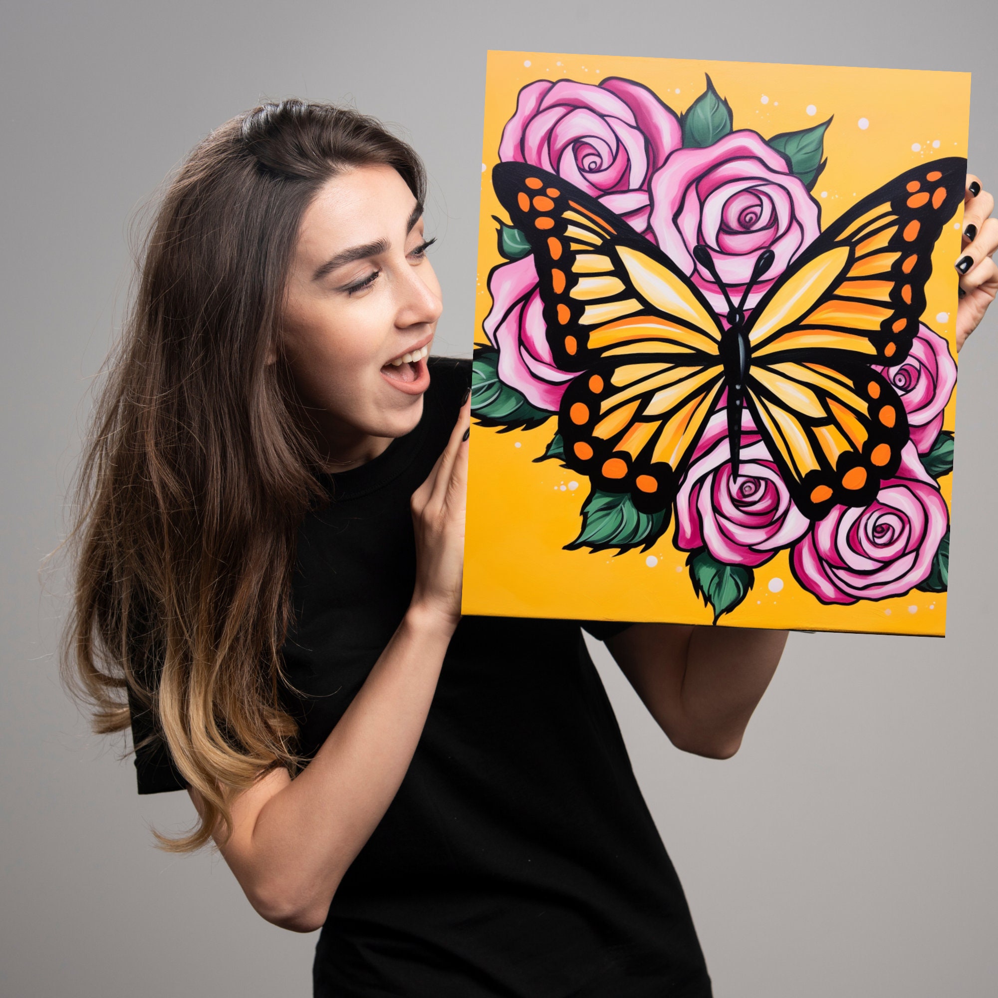 Paint And Sip Kit For Adults - 8x10 Pre-Drawn Canvas Painting Set With Acrylic Paints, Brushes & Color Guide, Flowers & Butterfly Design