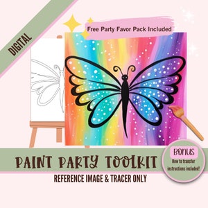 Kit de lienzo para beber y pintar: mariposa arcoíris predibujada, perfecto para fiestas de cumpleaños artísticas para niños y eventos creativos, diseño de alas de hadas DIY