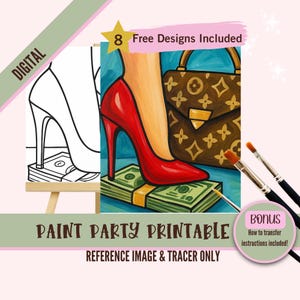 Luxe vrouw kunst schilderij feest PNG-tracer, rode hak DIY vooraf getekend canvas stencilkit, perfect om in te kleuren en verf- en slokfeestjes