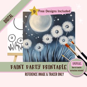 Kit para fiesta de pintura y sorbos con paisaje de dientes de león blanco, plantilla prediseñada para fiestas de arte DIY, plantilla imprimible, noche de pintura PNG