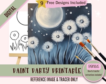 White Dandelions Landscape Sip and Paint Party Kit Canvas Tracer, Pre drawn Template for DIY Art Parties, Printable Stencil, Paint Night PNG