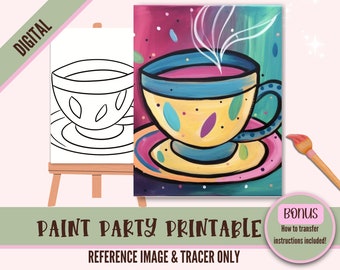 DIY Sip N Paint Canvas Print Instant Digital Download for Art Parties, Png Party Stencil, Date Night Sip and Paint Printable, Teacup, Mug