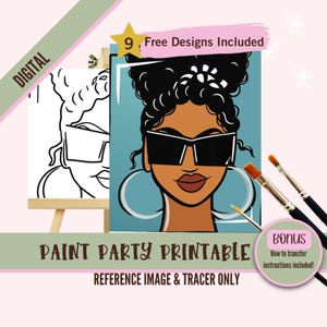 Black Girl Sip and Paint Party Kit Canvas, Messy Bun Pre drawn Template for DIY Art Parties, Printable Stencil, Paint Night Png Outline