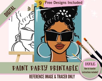 Black Girl Sip and Paint Party Kit Canvas, Messy Bun Pre drawn Template for DIY Art Parties, Printable Stencil, Paint Night Png Outline