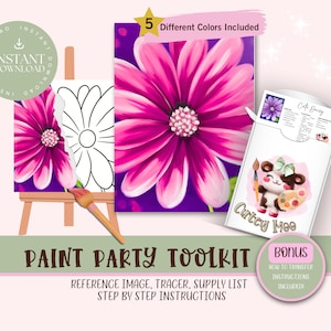 Pink Daisy DIY Paint Party For Adults and Kids  |Pre-Drawn | Art Party Paint Kit | Sip & Paint | Digital Download File, Paint Party Toolkit