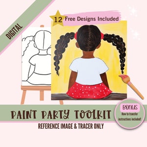 Black Girl With Braids Art Painting Party PNG, DIY Pre-Drawn Canvas Stencil Kit, Perfect for Black Girl Coloring and Paint and Sip Parties