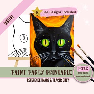 Black Cat Eyes Paint Party afdrukbaar, Halloween DIY Art Kit voor kinderen, groene ogen close-up schilderijsjabloon, Spooky Fall Craft downloaden