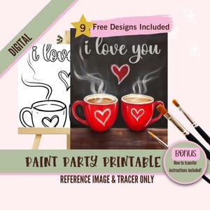 Cita para adultos para pintar y beber en el Día de San Valentín: plantillas de pintura sobre lienzo prediseñadas e imprimibles con pájaros enamorados: perfectas para parejas y fiestas