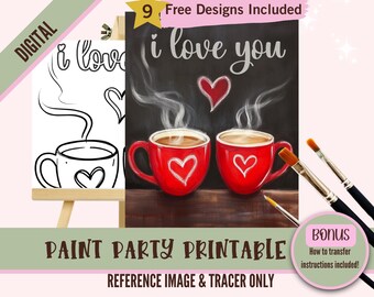 Valentines Day Adult Sip and Paint Date Night - Love Birds Printable Predrawn Paint On Canvas Templates - Perfect for Couples and Parties