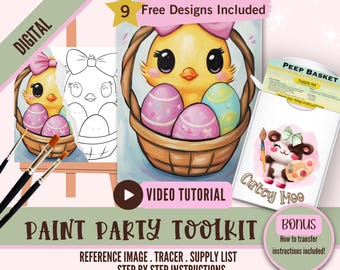 May include: Digital paint party toolkit featuring a cute cartoon chick with a pink bow holding Easter eggs in a basket. The kit includes a reference image, tracer, supply list, and step-by-step instructions.  Bonus: How to transfer instructions included.