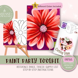 Red Daisy DIY Paint Party For Adults and Kids  |Pre-Drawn | Art Party Paint Kit | Sip & Paint | Digital Download File, Paint Party Toolkit