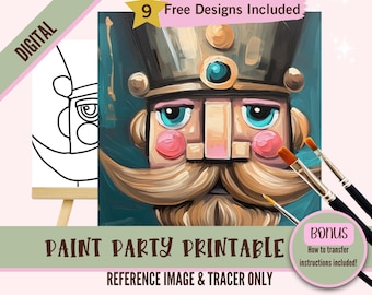 May include: Digital printable paint party reference image and tracer of a colorful, cartoon-style nutcracker with a gold crown and blue eyes.  The image includes 9 free designs and instructions on how to transfer the image.