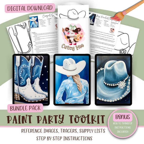 Adult DIY Paint Party Printable Bundle, Pre Drawn Outline, Ladies Night Out Party, Western Cowgirl Birthday Hat & Boots, Paint Party Tracers