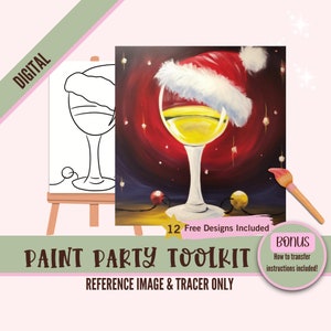 Urlaub Weinglas Malen Party ausdruckbar - Weihnachten Digital Painting Kit für Erwachsene - DIY Sip und Paint Png Canvas Set - Vorgefertigte Schablone