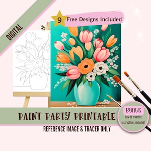 May include: Digital printable paint party design featuring a bouquet of pink, orange, and white flowers in a turquoise vase on a teal background. Includes a reference image and a tracer.