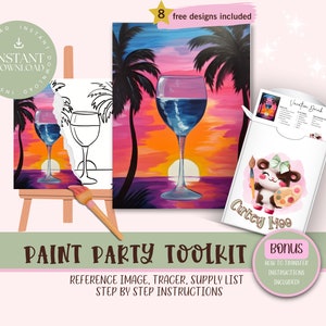 Kit de herramientas imprimible para fiestas de pintura DIY para fiestas, salidas nocturnas de chicas, cumpleaños, despedidas de soltera, despedidas de soltera, baby shower, kits para fiestas de pintura y sorbos