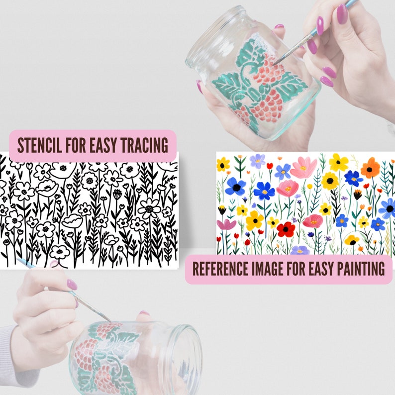 May include: A stencil and reference image for painting a floral design on a glass jar. The stencil is black and white and features a variety of flowers and leaves. The reference image is in color and shows the same design with different colors for each flower.