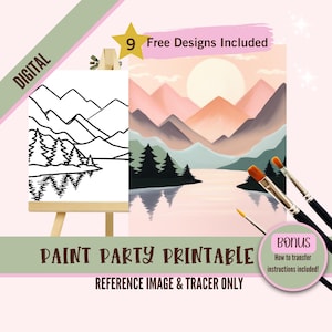May include: Digital printable paint party reference image and tracer featuring a mountain lake scene with a sunset. Includes 9 free designs and instructions on how to transfer the image.