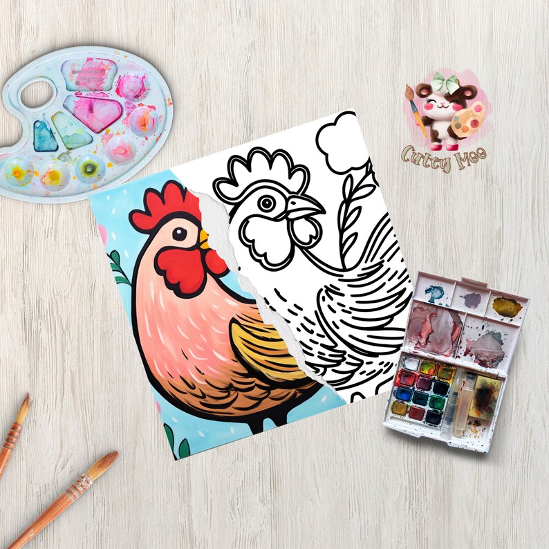 May include: A coloring page featuring a rooster with a partially colored body and a black and white outline of the rest of the rooster. The page is torn in half, revealing a paint palette and paintbrushes.