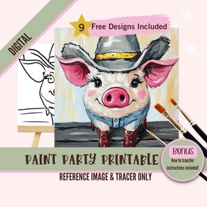 Kit de fiesta de pintura y sorbos de cerdo lindo, plantilla prediseñada para fiestas de arte de bricolaje, plantilla imprimible, contorno de noche de pintura, trazador de animales de granja