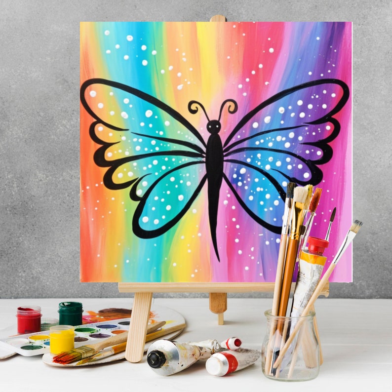 Sip and Paint Canvas Kit - Pre Drawn Rainbow Butterfly, Perfect for ...
