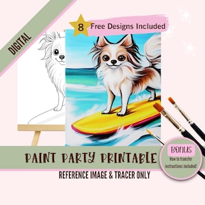 Surfer Dog Paint Party afdrukbaar | Chihuahua Papillon kunst digitale download | Sjabloon strandsurfplank DIY verf en slokje | Zomerplezier