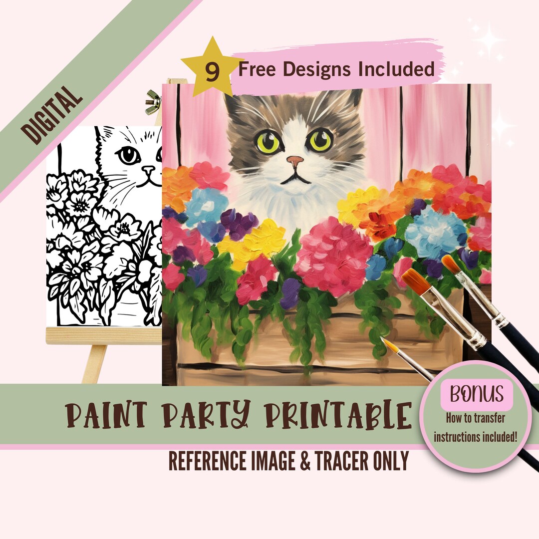 Pre Drawn Cat With Flowers, Sip & Paint Canvas Kit, DIY Printable Art ...