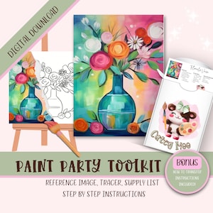 Kit de imágenes imprimibles de fiesta de pintura para adultos diy, instrucciones de descarga de diseño de plantilla Png predibujadas para sorber y pintar, esquema de pintura sobre lienzo,