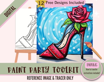 Flower Heel Painting Party Printable, Sublimation PNG,  Digital DIY Art, Pre-Drawn Canvas Stencil, Perfect for Paint and Sip Parties, Rose