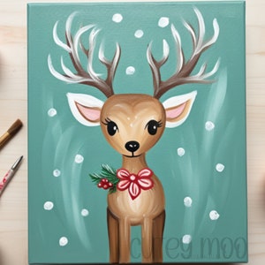 May include: A painting of a cartoon reindeer with large antlers, brown fur, and a red bow. The reindeer is standing on a green background with white snowflakes.