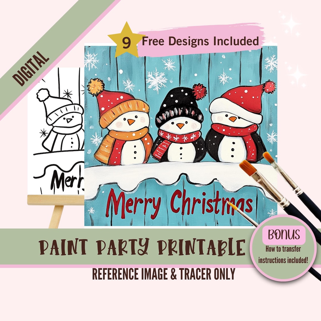 Merry Christmas Sip and Paint Party Kit Canvas, Penguins Pre Drawn ...