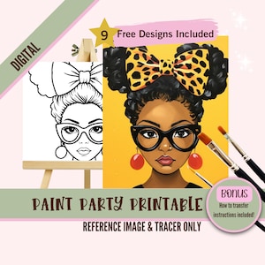 Kit de pintura de retratos de mujer elegante / lienzo predibujado para adultos / pintura DIY y fiesta de sorbos / plantilla imprimible de arte afrocéntrico, digital