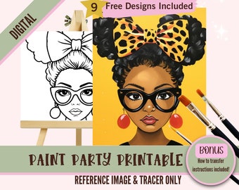 Puede incluir: Un imprimible digital para una fiesta de pintura que presenta un dibujo de línea en blanco y negro de una mujer con un lazo en el pelo y una versión coloreada de la misma imagen con un lazo de estampado de leopardo. El texto "9 Free Designs Included" y "PAINT PARTY PRINTABLE REFERENCE IMAGE & TRACER ONLY" está incluido en la imagen. El texto "BONUS How to transfer instructions included!" también está incluido en la imagen.